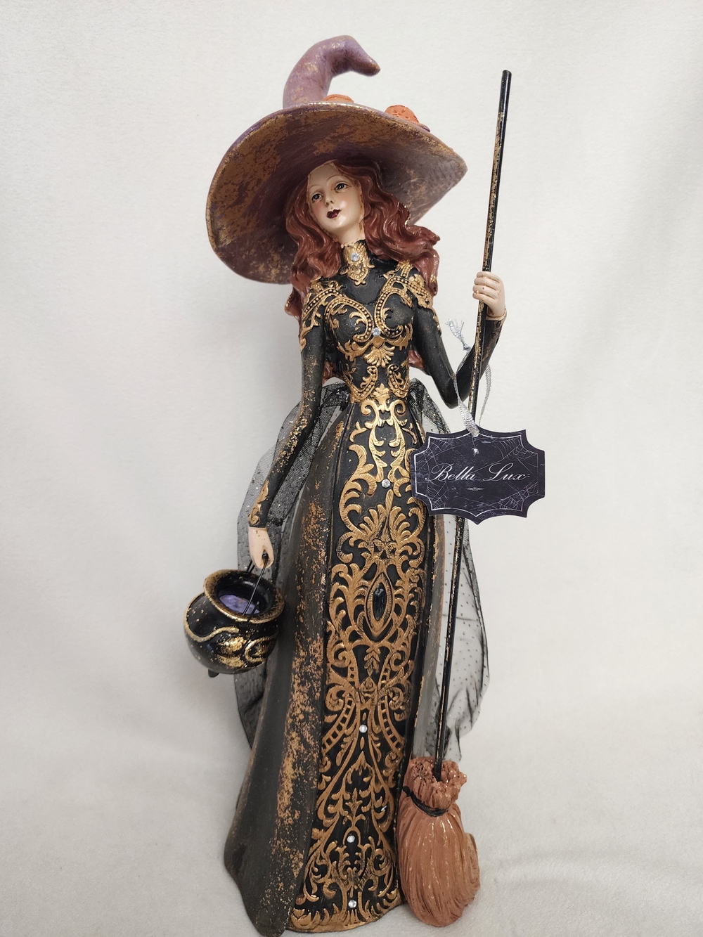Black & Gold Witch Figurine with Purple Hat